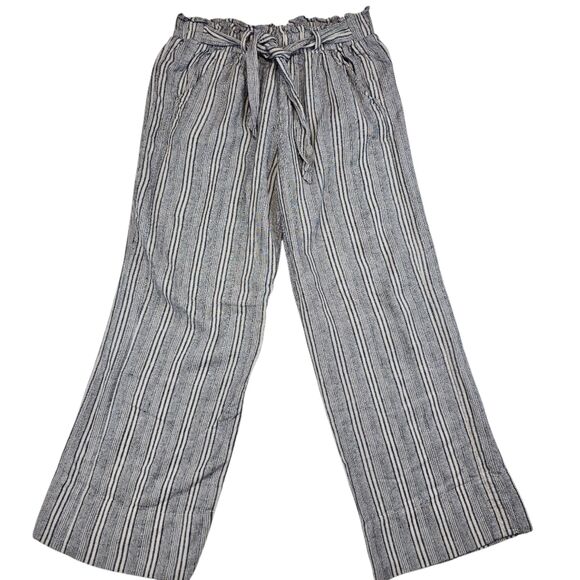 SO High Rise Wide Leg Linen Striped Pants Navy Ivory Women's Size Large - Picture 1 of 13